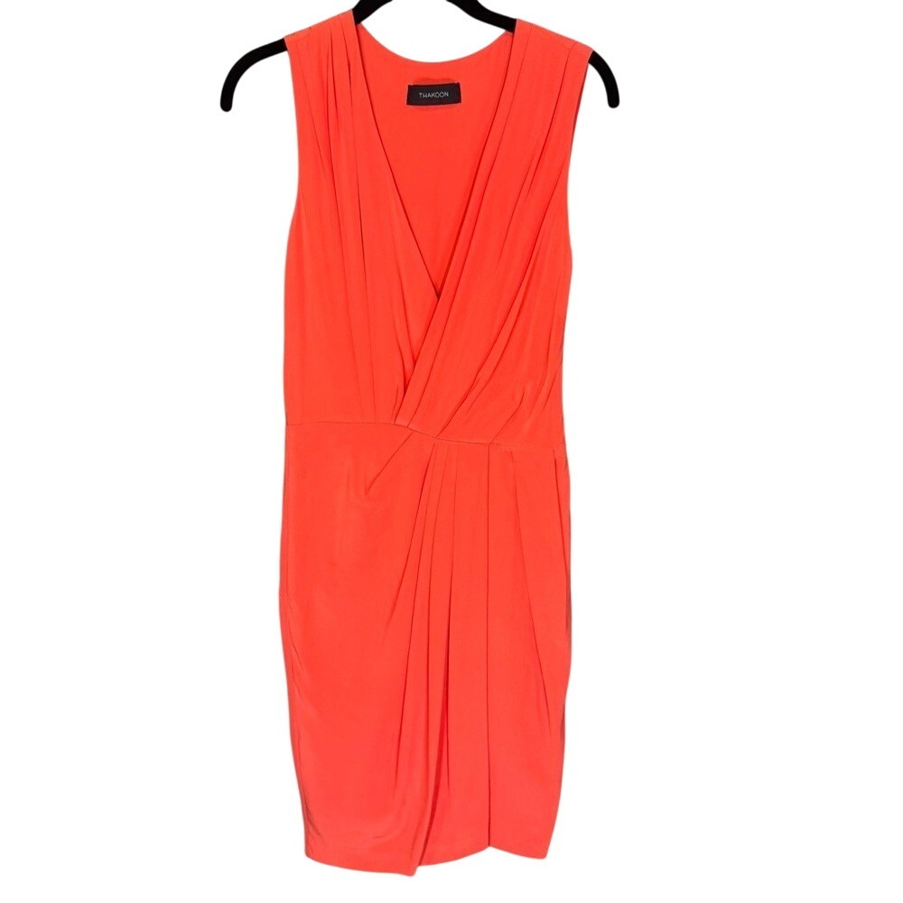 Thakoon 100% Silk Vibrant Coral Wrap Sheath Dress Size 2 Designer Cocktail